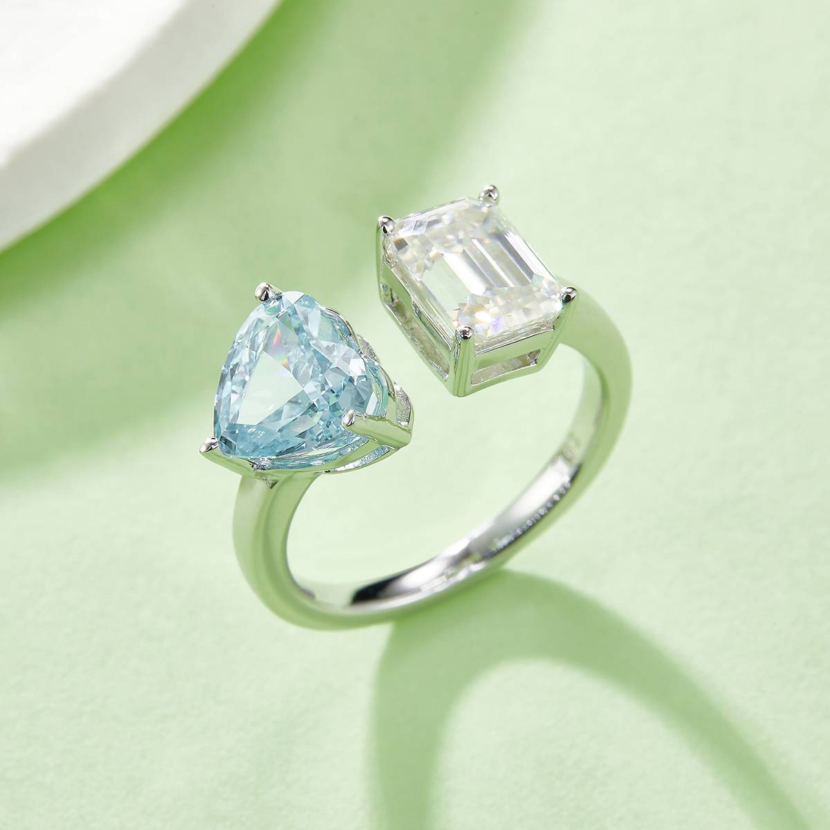 Heart Ice Flower Cut AND Rectangular Moissanite 925 Silver Plated Platinum Women's Ring 2 Carat D-Class